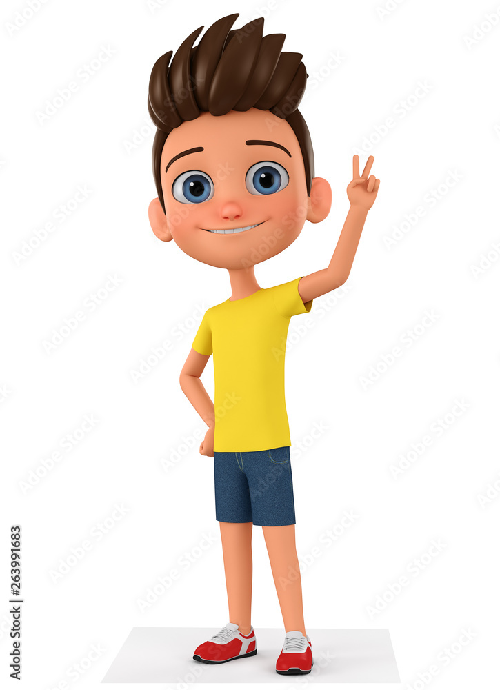 Cartoon character boy showing the peace of the world. 3d rendering  illustration. Stock Illustration | Adobe Stock