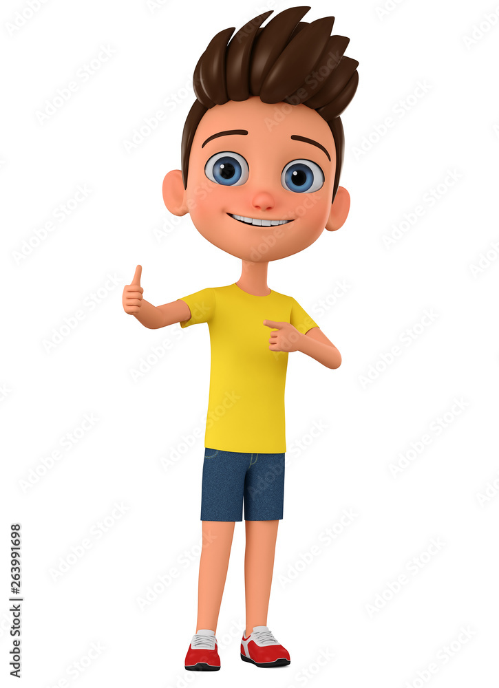 Cartoon character boy points thumb up on a white background. 3d render illustration. Cartoon character boy points thumb up on a white background. 3d render illustration.