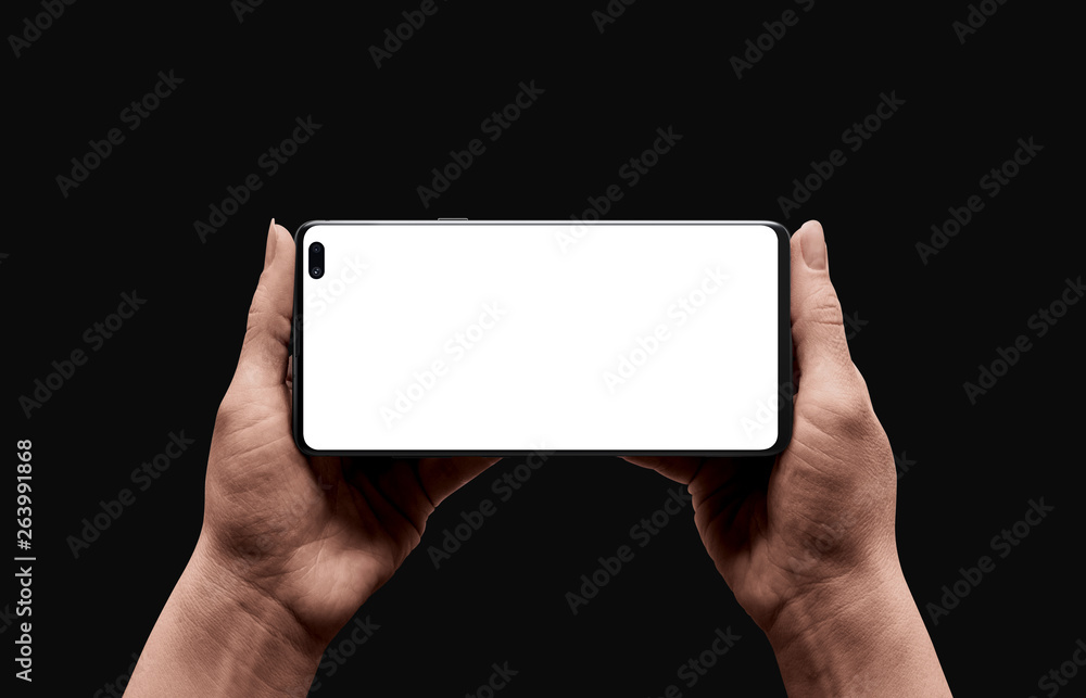 Modern smart phone mockup in horizontal position. Lov light scene of smart phone in woman hands. Concept for video, game or app promotion. Modern smart phone mockup in horizontal position. Lov light scene of smart phone in woman hands. Concept for video, game or app promotion.