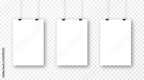 Poster mockup isolated on transparent background. Realistic blank poster template. Set of vertical frame mockups hanging on the wall. Vector