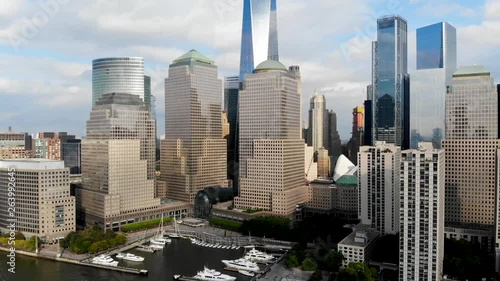 Aerial view of boats docked at the North Cove Marina (Hudson River) at Battery Park in Manhattan with Brookfield Place Complex and offices buildings on the background. New York, USA.