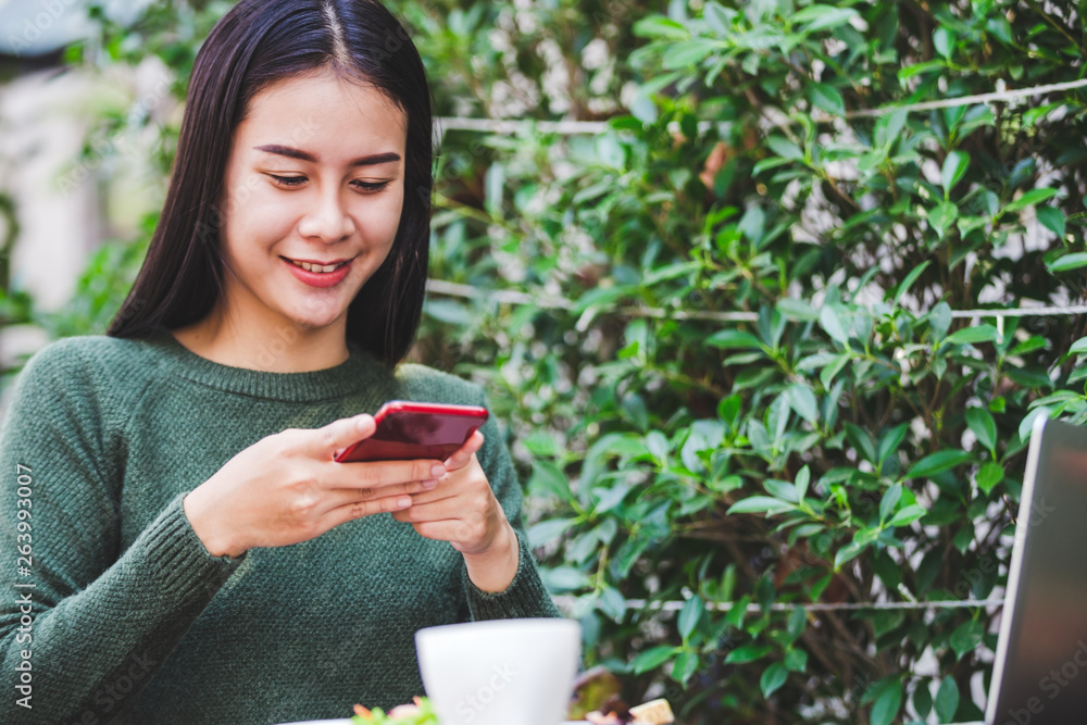 Asian young woman taking a photo of breakfast Asian young woman taking a photo of breakfast