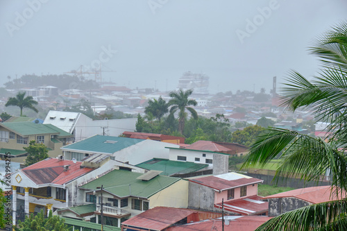 Scenic view of Puerto Limon - port town in Costa Rica. Beautiful depressive look of urban area in small tropical country in Central America near Caribbean sea