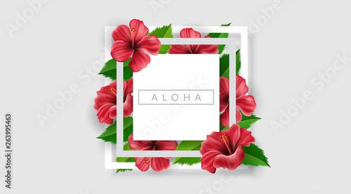 Geometrical white frame with pink tropical hibiscus flowers and green leaf. Vector illustration for exotic summer design template or tropical flower background