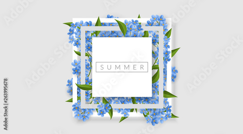 Geometrical white frame with blue forget me not flowers and green leaf. Vector illustration with small flowers, nature design for spring and summer design template or wedding