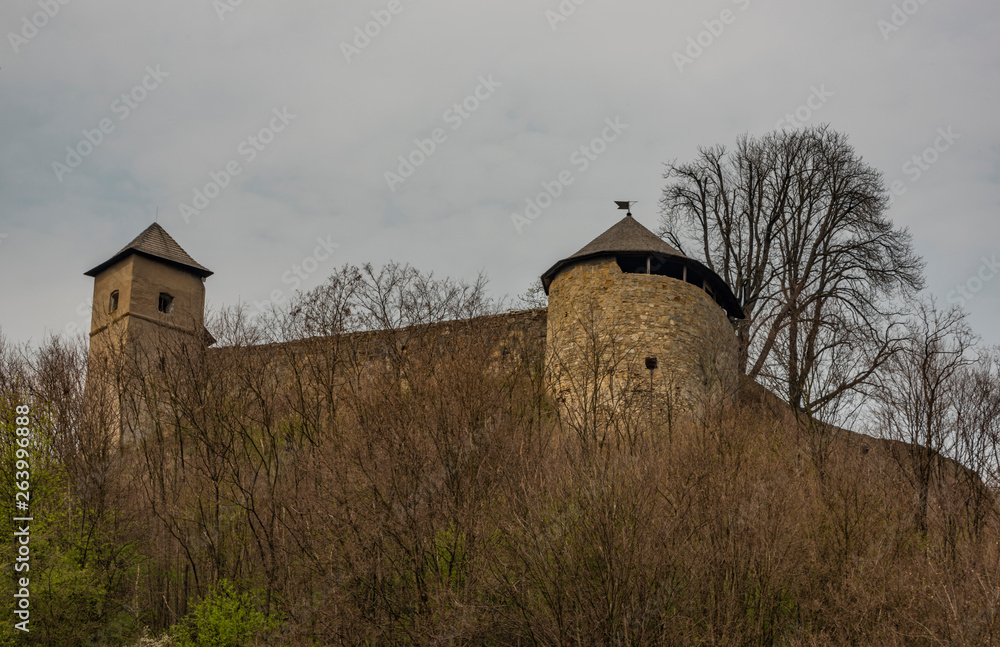 Fototapeta premium Brumov town and castle in east Moravia in spring cloudy day
