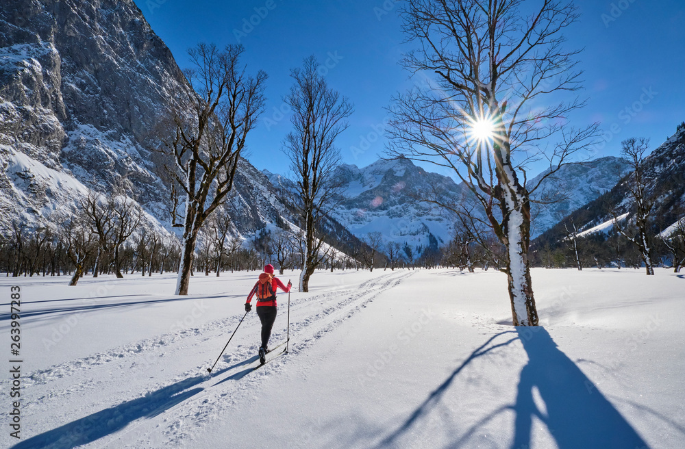 Austria, Tirol, Riss Valley, Karwendel, cross country skier in winter landscape Austria, Tirol, Riss Valley, Karwendel, cross country skier in winter landscape