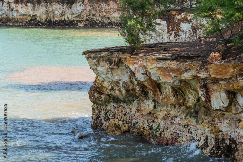 Darwin Australia - February 22, 2019: Closeup ofEast Point Shoreline shows brown, yellow and darker rocky cliffs covered by green vegetation under blue sky and greenish sea water of Beagle Gulf.