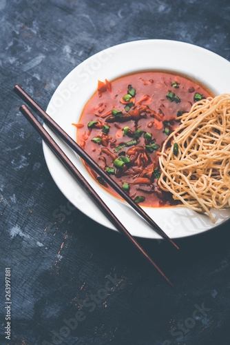 American chop suey/ chopsuey is a popular indochinese food. served in a bowl with chop sticks. selective focus photo