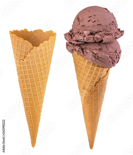 chocolate ice cream in the cone and blank crispy ice cream cone isolated on white background
