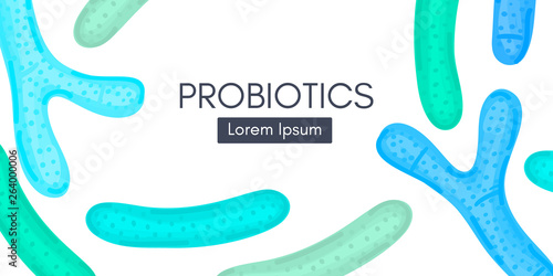 Probiotics. Lactic acid bacterium. Bifidobacterium, lactobacillus. Microbiome. Microbiota. Cute characters. Medicine or dietary supplements for gastrointestinal health. Label, banner, header. Vector