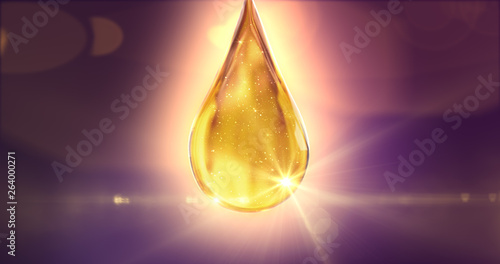 Oil drop in yellow colors on dark background. Transparency Liquid element. Skincare  beauty  cosmetic  moisturizer  auto  motor. 3D illustration