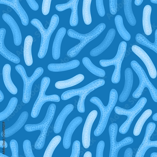 Seamless pattern with probiotics. Lactic acid bacterium. Bifidobacterium, lactobacillus. Microbiome. Microbiota. Medicine or dietary supplements for gastrointestinal health. Label, wrapping. Vector