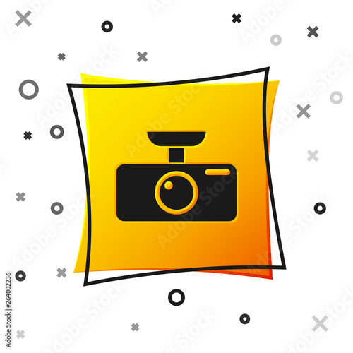 Black Car DVR icon isolated on white background. Car digital video recorder icon. Yellow square button. Vector Illustration