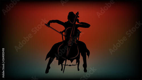 Silhouette of a girl who plays the cello sitting on a chair .Beautiful illustration for the background, the creation of installations, invitation flyers, business cards and other promotional products.