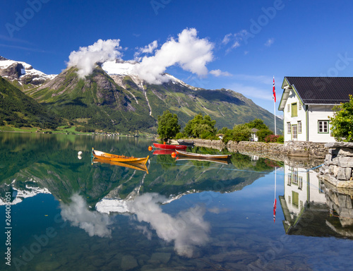 boats on Oppstryn lake in Hjelle in Norway