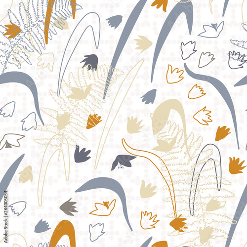 Vector floral seamless pattern with hand drawn scilla or snowdrop flowers and fern leaves. Modern decorative background in pastel colors.