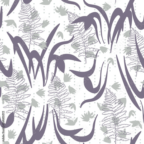 Vector floral seamless pattern with hand drawn scilla or snowdrop flowers and fern leaves. Modern decorative background in pastel colors.