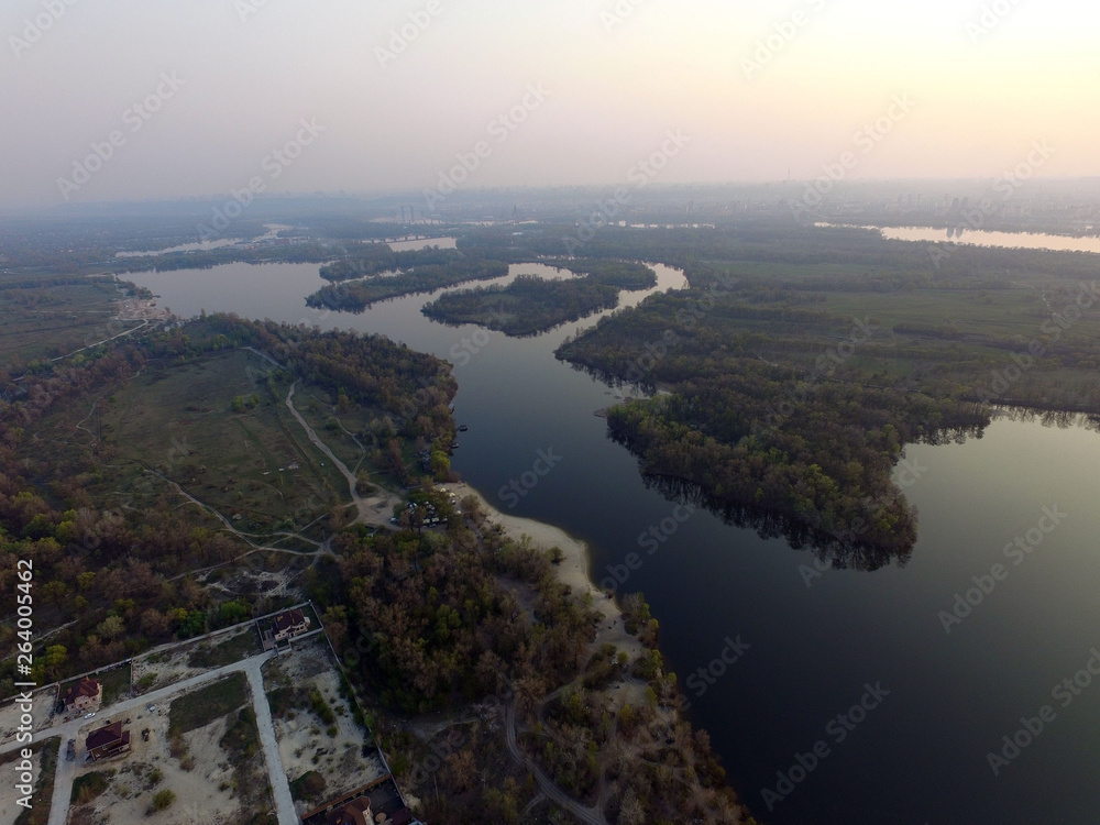 Aerial view of the Saburb landscape / Dnepr river (drone image).  Near Kiev,Ukraine