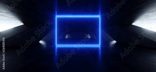 Neon Lights Background Rectangle Frame Blue Vibrant Lasers Stage Show Underground Garage Hall Tunnel Corridor Cement Concrete Grunge Reflections Dark Empty Space Ship 3D Rendering