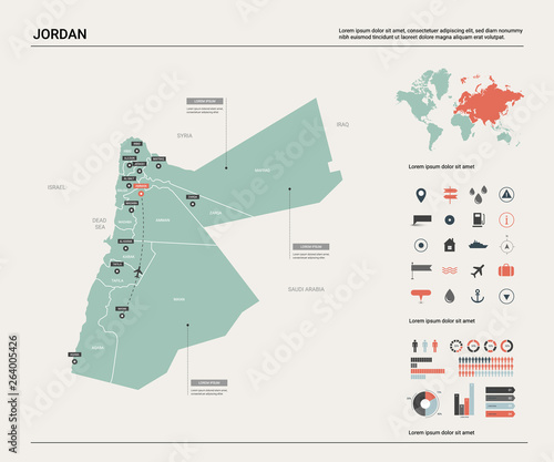 Vector map of Jordan.  High detailed country map with division, cities and capital Amman. Political map,  world map, infographic elements.