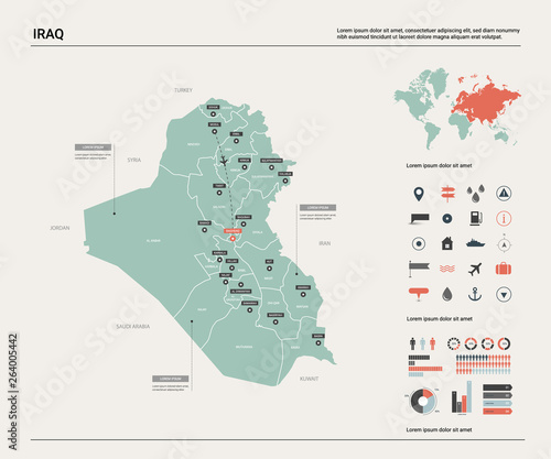 Vector map of Iraq. High detailed country map with division, cities and capital Baghdad. Political map, world map, infographic elements.