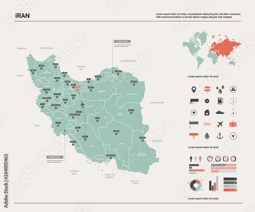 Vector map of Iran. High detailed country map with division, cities and capital Tehran. Political map, world map, infographic elements.