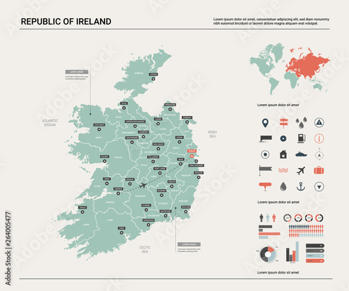Vector map of Republic of Ireland. High detailed country map with division, cities and capital Dublin. Political map, world map, infographic elements.