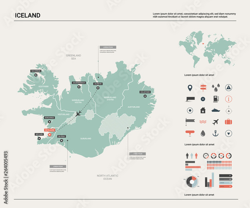 Vector map of Iceland. High detailed country map with division, cities and capital Reykjavik. Political map, world map, infographic elements.