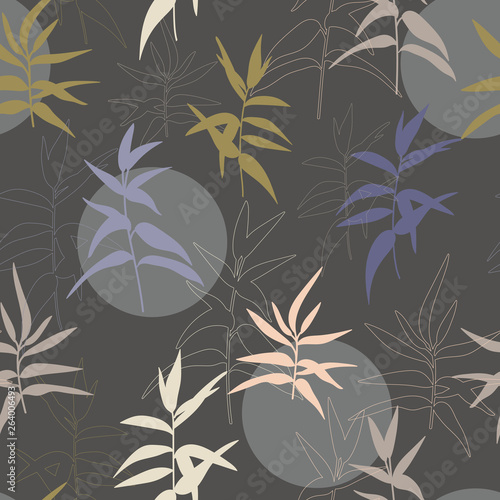 Modern vector seamless pattern  botanical motif with stylized twigs  and simple geometric shapes like circles.