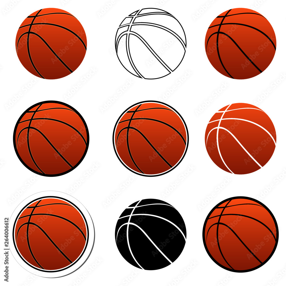 A set of various basketball balls. Flat, sticker and Black and white style Vector.