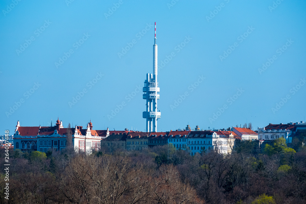 Obraz premium Radio broadcast tower communication antenna. Panoramic view landscape