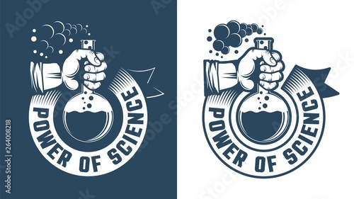 Scientific logo - hand holding a flask and round ribbon. Chemistry emblem in retro style. Vector illustration.
