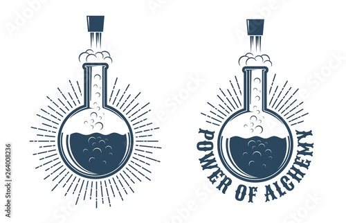 Chemistry retro logo. The chemical reaction in the flask knocks the cork. photo