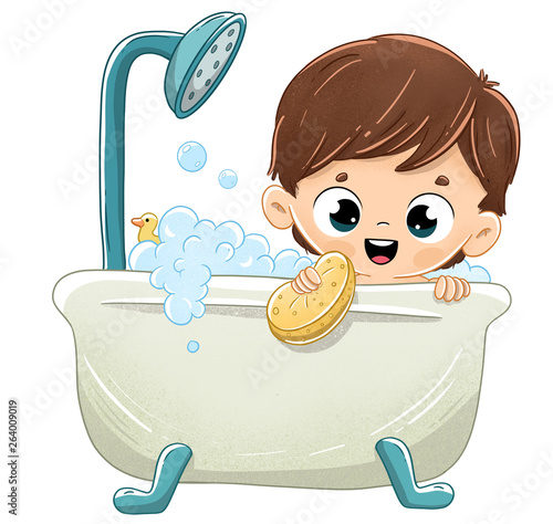 Niño bañándose en la bañera con espuma