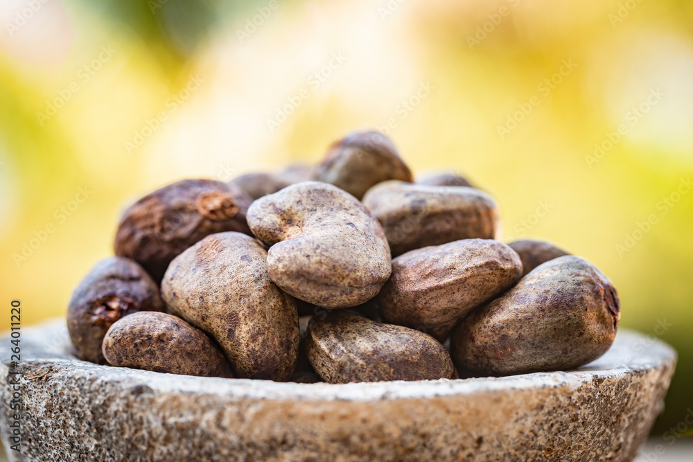 Cashew - bowl filled of raw nuts in the shell Cashew - bowl filled of raw nuts in the shell