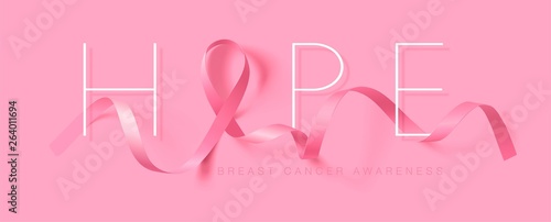 Hope. Breast Cancer Awareness Calligraphy Poster Design. Realistic Pink Ribbon. October is Cancer Awareness Month. Vector Illustration