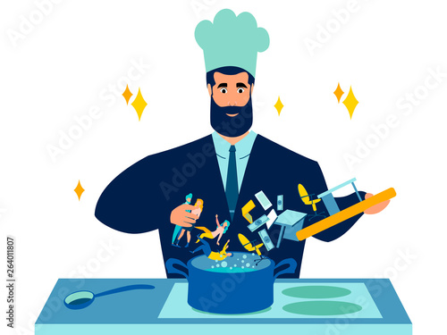 Cook businessman prepares business. recipe from ingredients for income and profits. In minimalist style. Cartoon flat Vector