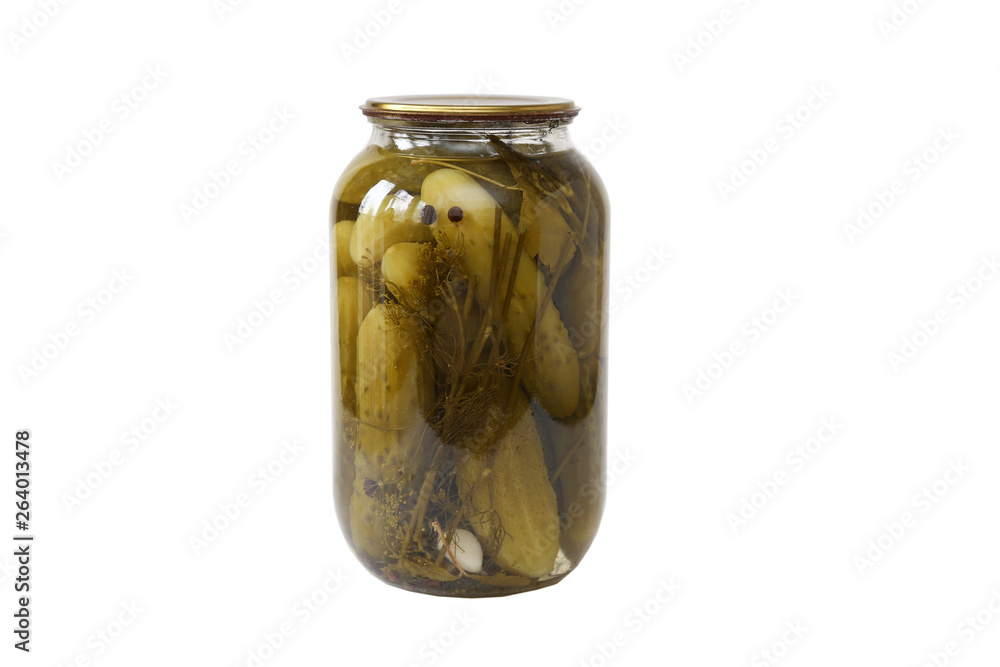 glass jar of canned cucumbers with garlic end pepper closed with a metal lid isolated on white background glass jar of canned cucumbers with garlic end pepper closed with a metal lid isolated on white background