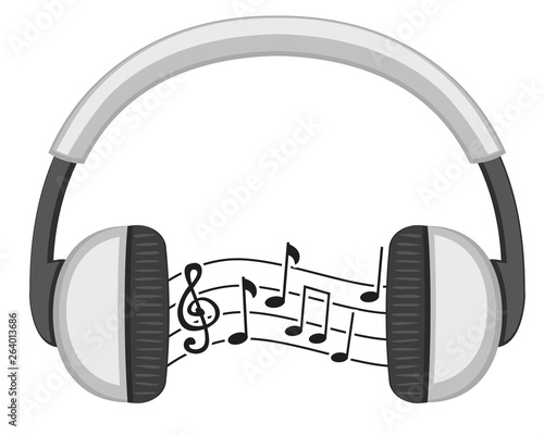 Headphones play music notes on a white background.