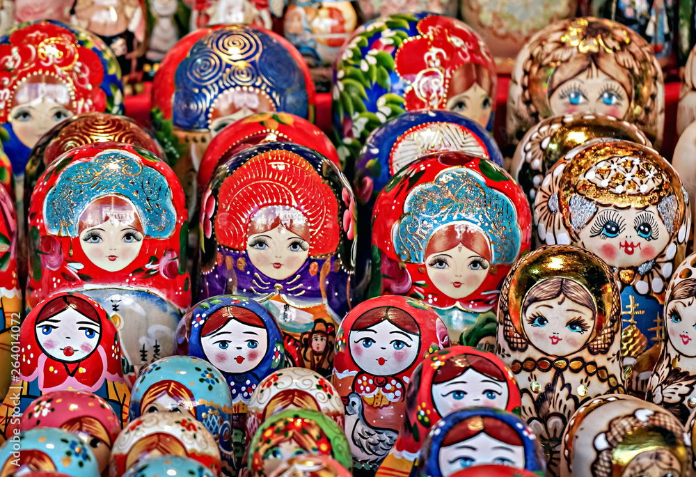 Matryoshka national Russian souvenir on the counter of the store.