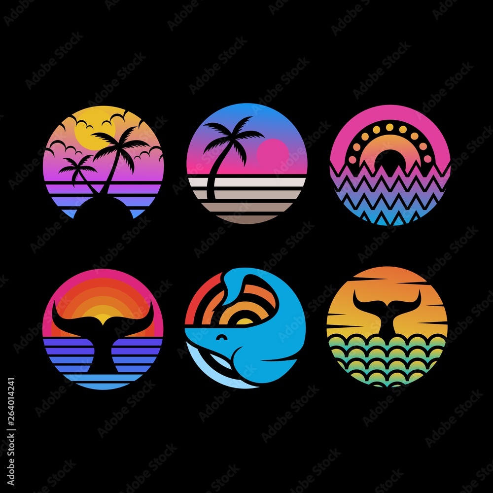 ocean sunset circle vector illustration