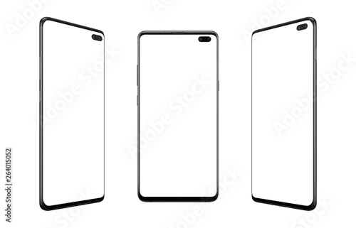 Isolated modern smart phones in three positions. Camera built into the display. Round and thin edges.