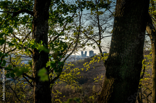 Kunratice forest - view from beautiful green park with ruins of New Castle during sunset in Prague (secret gem, popular travel destination in Czech Republic, Europe)