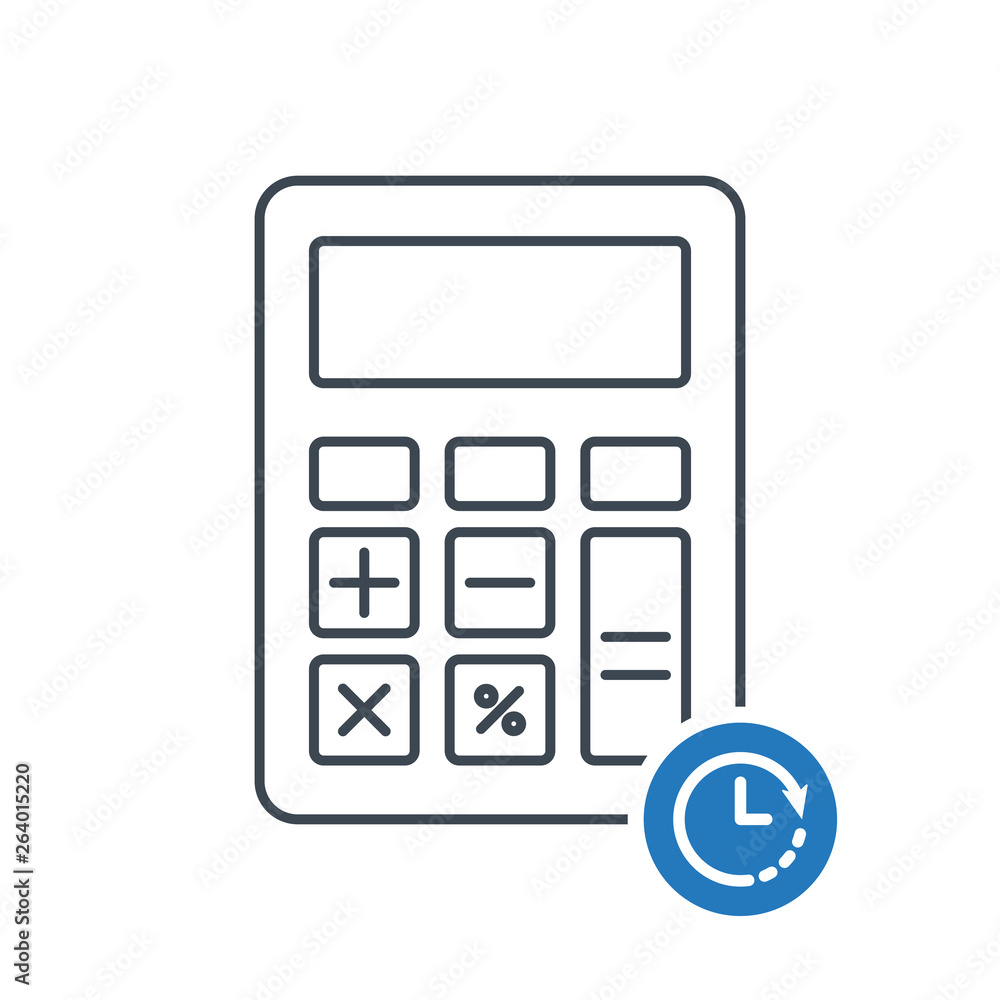Calculator icon with clock sign. Savings, finances icon and countdown, deadline, schedule, planning symbol Calculator icon with clock sign. Savings, finances icon and countdown, deadline, schedule, planning symbol
