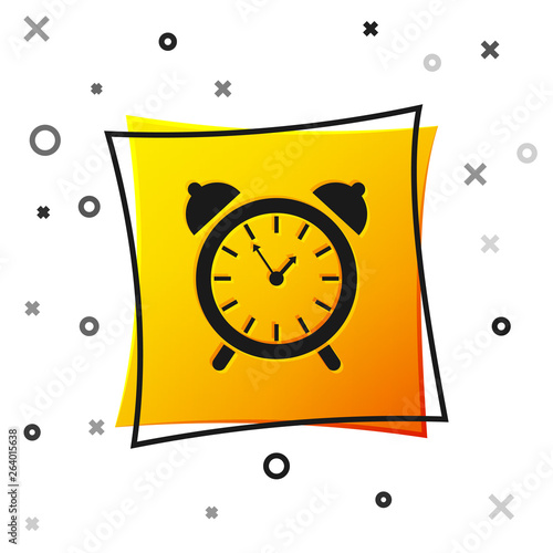Black Alarm clock icon isolated on white background. Wake up, get up concept. Time sign. Yellow square button. Vector Illustration