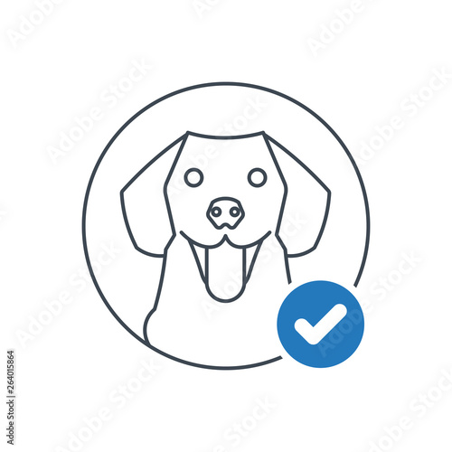 Dog icon with check sign. Labrador retriever icon and approved, confirm, done, tick, completed symbol