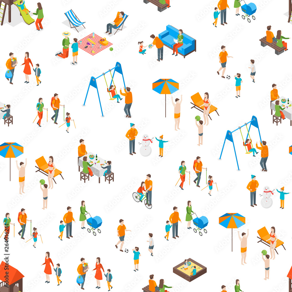 Families Spending Free Time 3d Seamless Pattern Background Isometric View. Vector