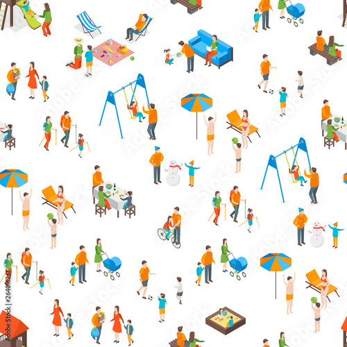 Families Spending Free Time 3d Seamless Pattern Background Isometric View. Vector