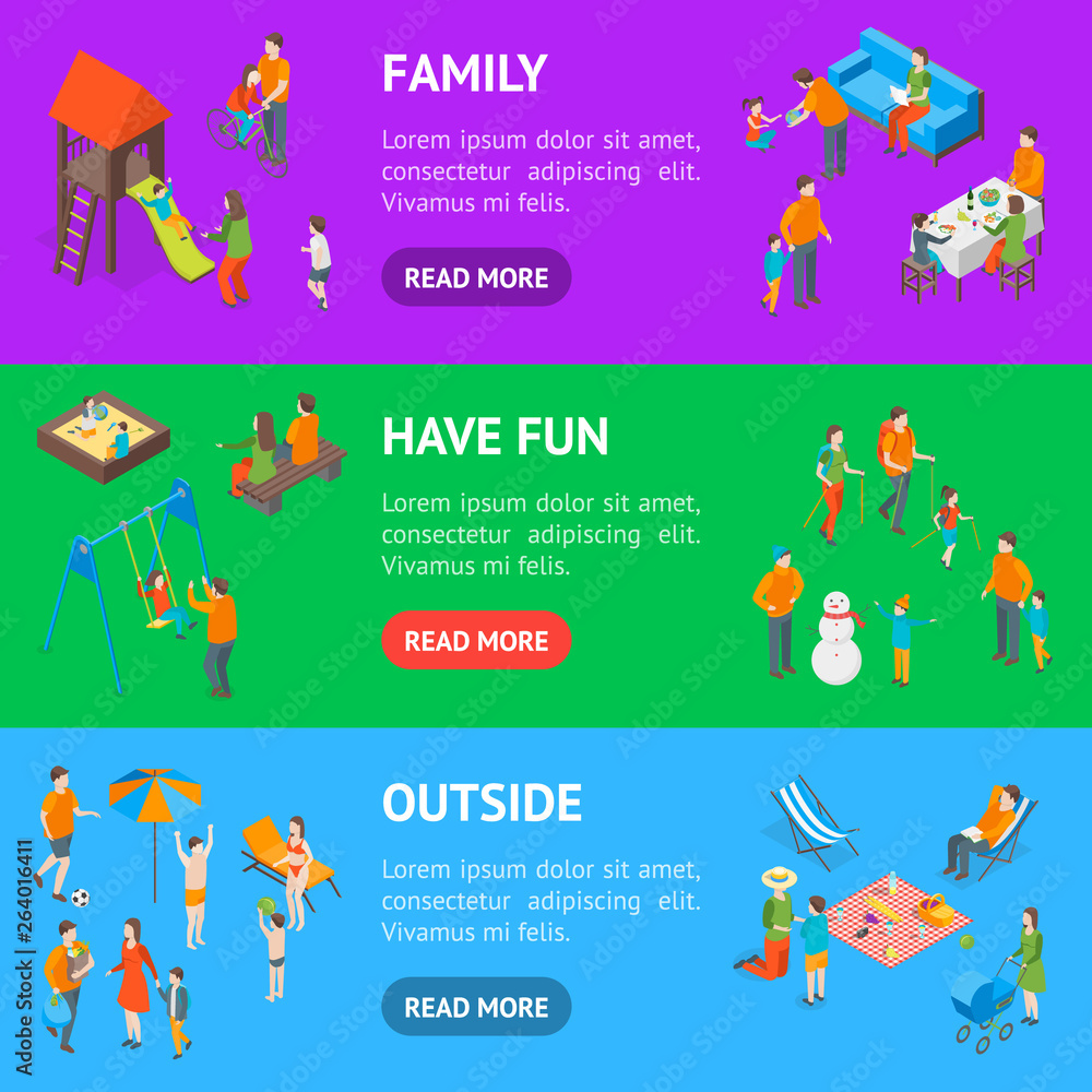 Families Spending Free Time 3d Banner Horizontal Set Isometric View. Vector